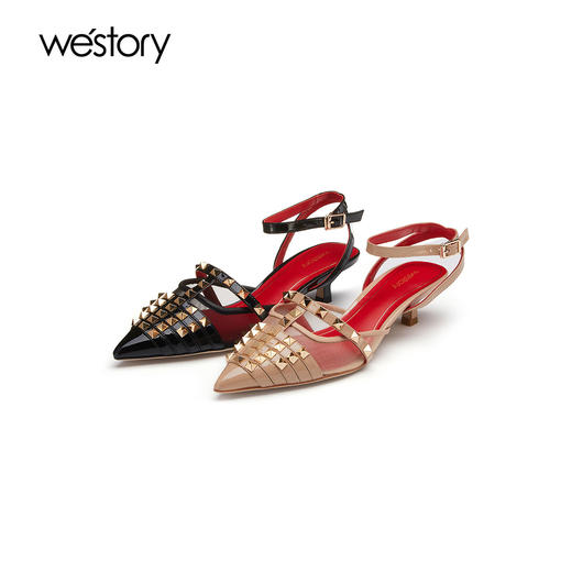 westory凉鞋款铆钉中细跟凉鞋尖头浅口百搭单鞋女W22AH54741 商品图0