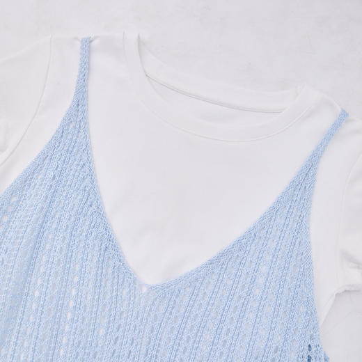 西遇白色短袖t恤套装女新款镂空针织叠穿吊带裙两件套D0050407 商品图5