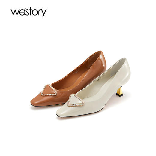 westory2022春季新款钻饰真皮法式高跟鞋方头细跟质感单鞋W22AE53821 商品图0
