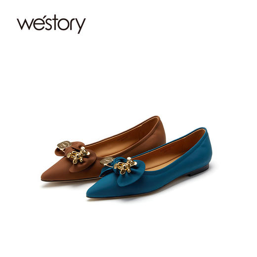 westory小熊蝴蝶结尖头温柔法式真皮浅口平底单鞋女54981 商品图0
