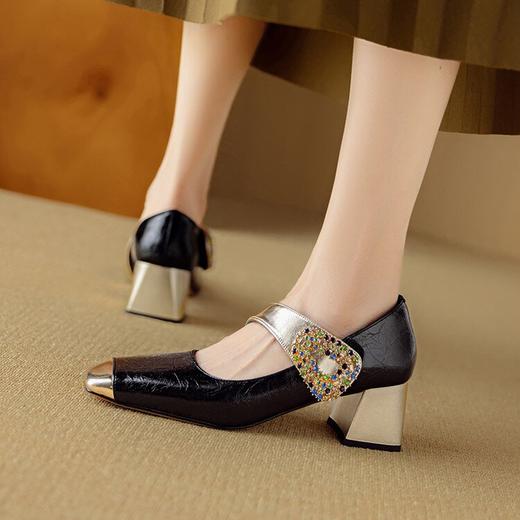 【预售5天】时尚气质方头水钻扣玛丽珍单鞋春季牛皮法式复古低跟女鞋DB&M6223 商品图4