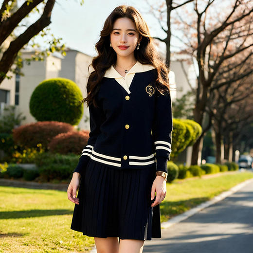 奢姿大码女装2025春装新款学院风假两件拼接条纹针织衫半裙套装9851969465 商品图0