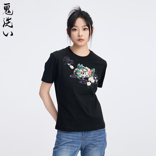 ONIARAI/鬼洗25春夏新品泥棒蓝女款兔兔鱼绣花短袖T恤 N840272 商品图1