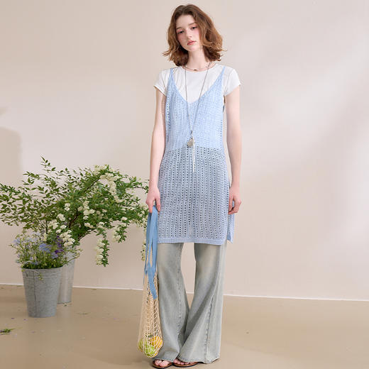 西遇白色短袖t恤套装女新款镂空针织叠穿吊带裙两件套D0050407 商品图1