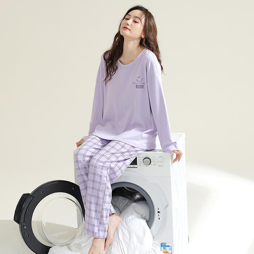 【100%棉带胸垫】爱帝女士春款长袖睡衣圆领套头免穿文胸家居服套 商品图3