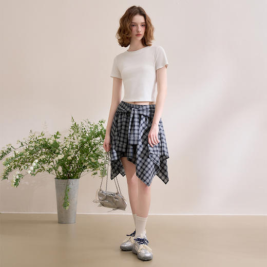 【限时秒杀】西遇格纹半身裙女夏季新款不规则下摆绑带设计感高腰短裙D0050450 商品图1