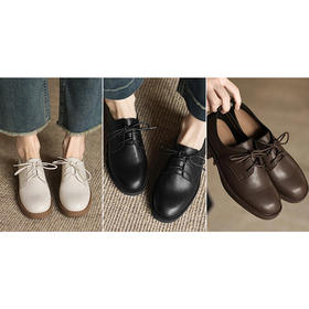 【手工女鞋通勤系带小皮鞋】 粗跟百搭英伦风真皮单鞋女软底3.5CM-CC