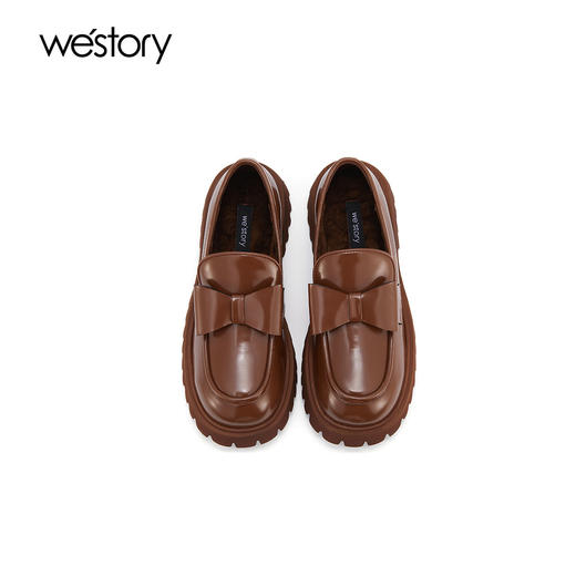 westory秋冬蝴蝶结乐福鞋厚底一脚蹬单鞋圆头减龄真皮女鞋W22AM54141 商品图3
