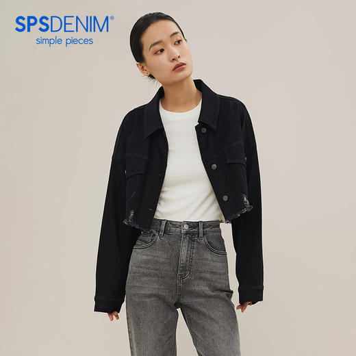 simplepieces短外套女SPS秋季新款复古时尚宽松毛边截短牛仔外套 商品图0