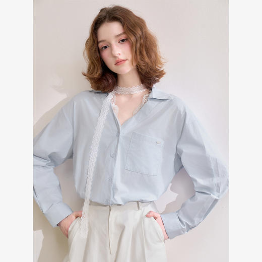 西遇蕾丝拼接衬衫女新款蓝色法式假两件薄款长袖上衣D0050469 商品图3