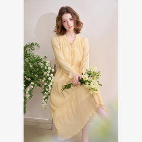 【压褶雪纺】优雅拼接荷叶边长袖连衣裙女松紧腰长裙V0550248