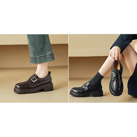 【手工女鞋厚底英伦风真皮气质乐福鞋】 4CM时尚潮流百搭圆头单鞋-CC