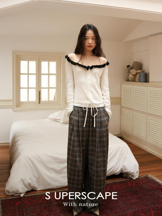 素舶 抗皱混纺面料撞色松紧腰抽绳宽松格纹阔腿裤SUPERSCAPE 商品图1