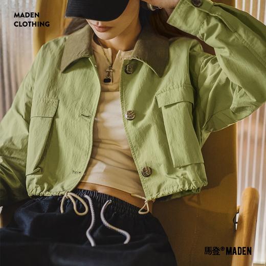 马登巴恩风浅春系鼠尾草绿多口袋翻领夹克猎装拼接领抽绳上衣春女 商品图0