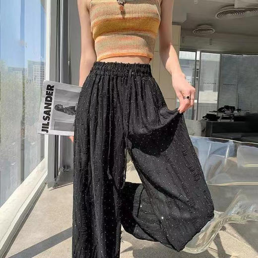 【破洞烫钻设计】夏季爆款 大码粉色薄款 韩版显瘦阔腿休闲拖地长裤  商品图2