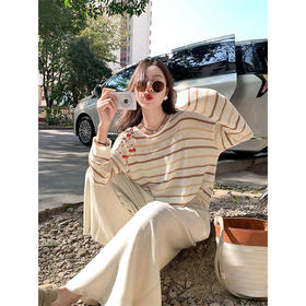 <曾小咸推荐>慵懒休闲咖条纹针织宽松罩衫T恤