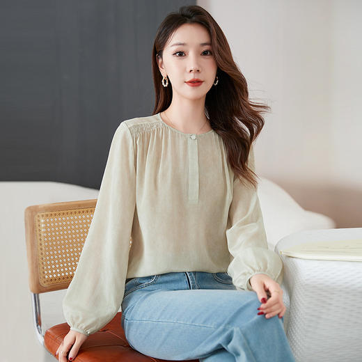 QS-12599680【纯色100桑蚕丝】20025春夏气质通勤长袖衬衣圆领衬衫女12599680 商品图1