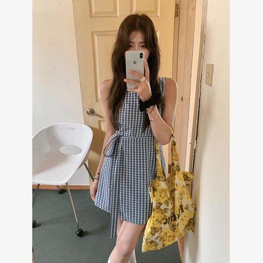 西遇蓝色格子无袖连衣裙女新款不规则收腰牛仔背心连衣裙SS150106/SS150107 商品图4