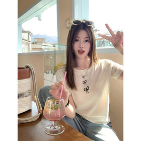 <曾小咸推荐>韩版2色蝴蝶结绣花针织短袖T恤