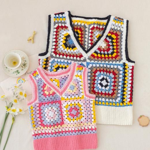 苏苏姐家祖母方格拼花V领背心手工diy钩针棒针亲子毛线团材料包 商品图2
