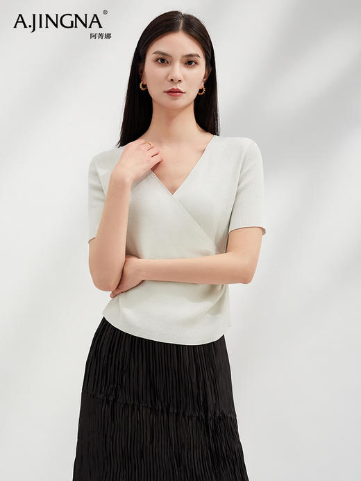 【优雅高智风】阿菁娜别致通勤V领捏褶针织短袖F30C302010 商品图1
