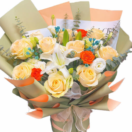520花束【向阳而生】新鲜鲜花 香槟玫瑰11朵+3朵橙芭比混搭鲜花花束（可备注送货时间） 商品图0
