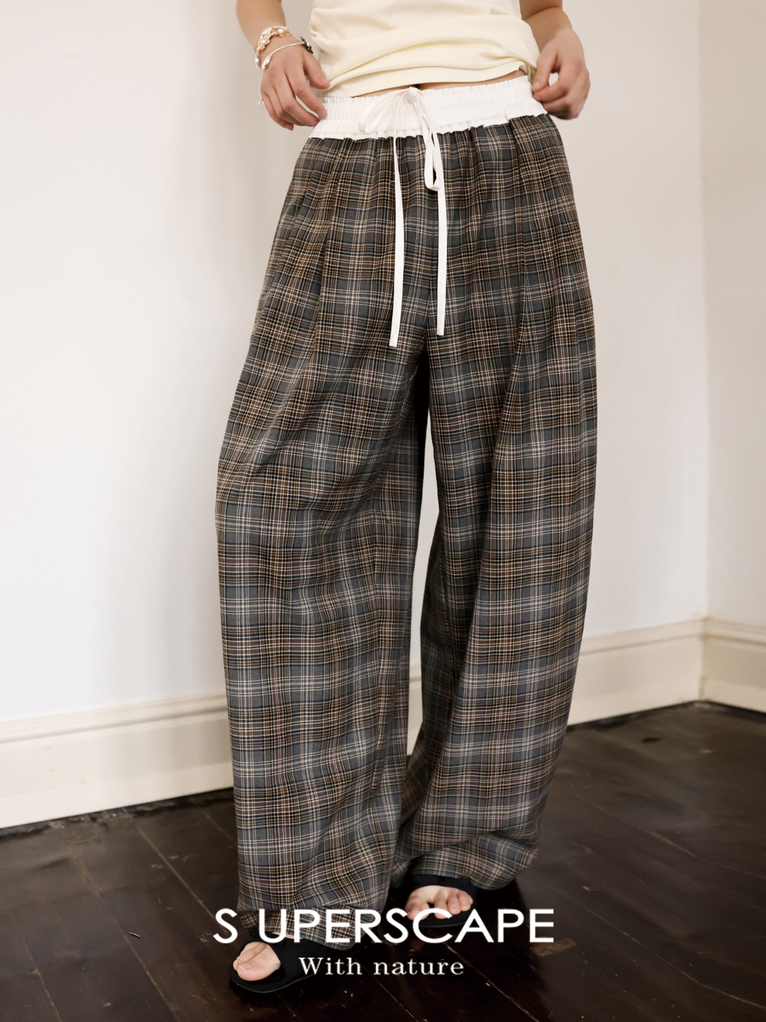 素舶 抗皱混纺面料撞色松紧腰抽绳宽松格纹阔腿裤SUPERSCAPE