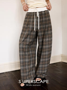素舶 抗皱混纺面料撞色松紧腰抽绳宽松格纹阔腿裤SUPERSCAPE