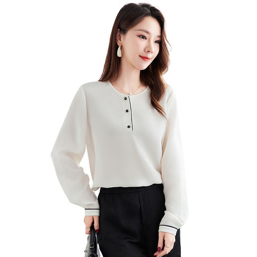 QS-12599702【桑蚕丝弹力重绉】春夏新桑蚕丝衬衫女长袖圆领百搭小衫12599702 商品图4