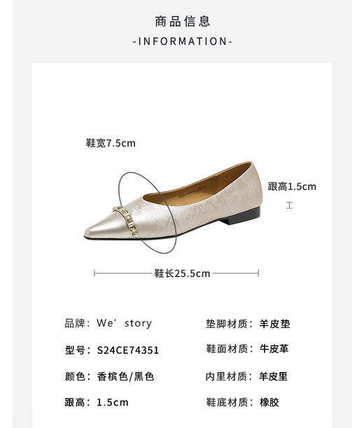 westory春夏新款法式尖头通勤单鞋气质粗跟黑色平底鞋女S24CE74351 商品图6