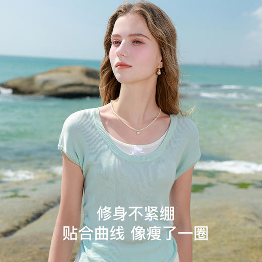 三彩独醒2025春季新款修身短款假两件针织衫蝴蝶结圆领毛衣F 商品图2
