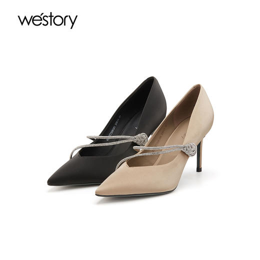 westory春秋尖头简约水钻一字带细跟时尚网红高跟鞋W23CE73081 商品图0