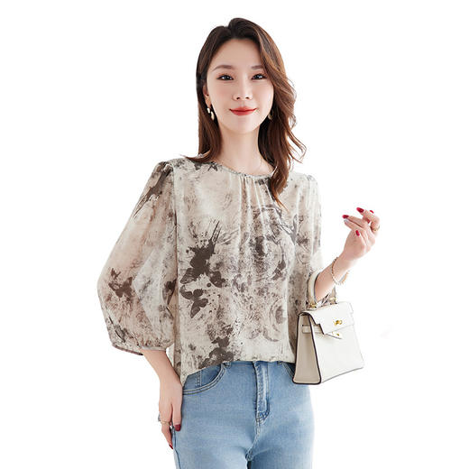 QS-12599728【100%桑蚕丝双绉印花】真丝衬衫女国风灯笼五分袖衬衣女12599728 商品图4