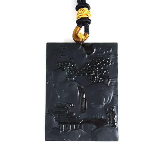 【天然正品】天然收藏级细腻冰种无纹裂雕山水平安无事牌墨翠吊坠51.2*38.5*6.7MM（皆取最大值）中性款现售价：12800！070325AH37 商品图0