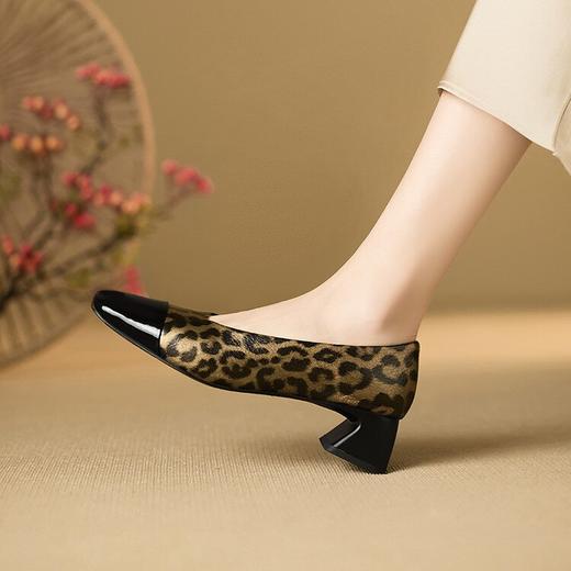 【预售5天】春季新款方头浅口粗跟豹纹拼接低跟平底单鞋MBJR&6856 商品图3