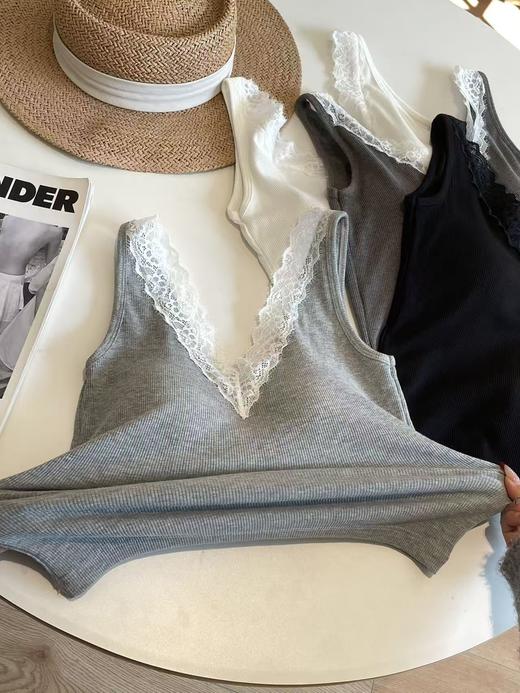 螺纹显瘦蕾丝花边带胸垫背心打底 商品图5