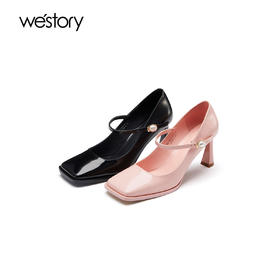 westory春夏方头粗链条气质中跟鞋浅口单鞋女55271