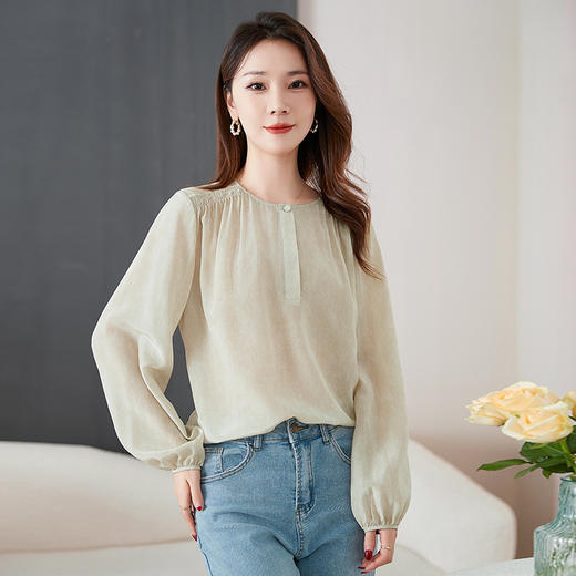 QS-12599680【纯色100桑蚕丝】20025春夏气质通勤长袖衬衣圆领衬衫女12599680 商品图0