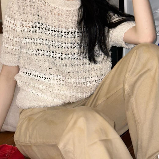 顺丰包邮洛诗琳12730夏季新款设计感花式撞色镂空针织T恤81681 商品图0