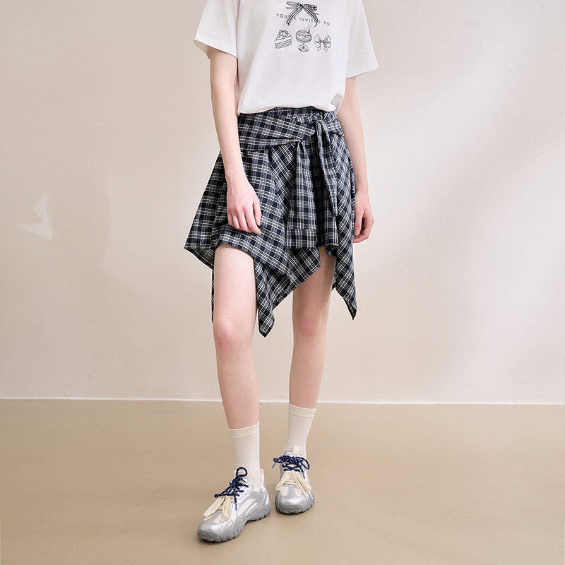 【限时秒杀】西遇格纹半身裙女夏季新款不规则下摆绑带设计感高腰短裙D0050450