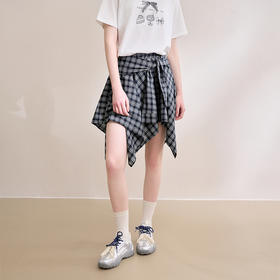 【限时秒杀】西遇格纹半身裙女夏季新款不规则下摆绑带设计感高腰短裙D0050450