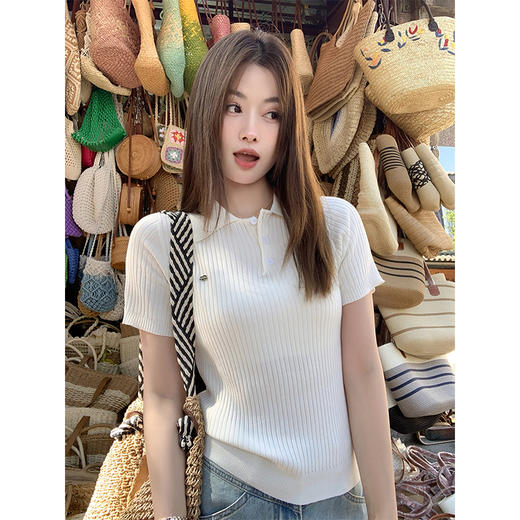 <曾小咸推荐>法式Polo领针织短款显瘦短袖T恤 商品图0