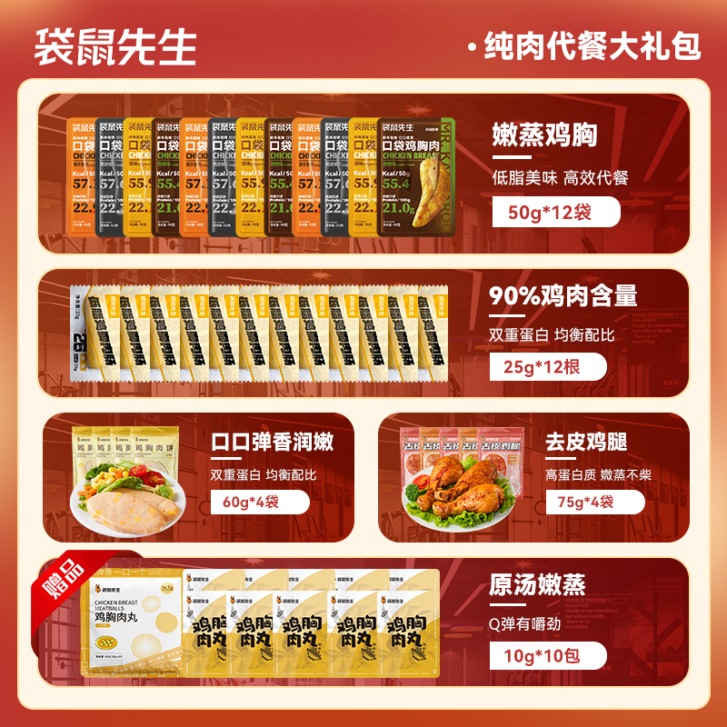 【袋鼠先生】开袋即食鸡胸肉高蛋白纯肉代餐礼包1540g