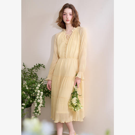 【压褶雪纺】优雅拼接荷叶边长袖连衣裙女松紧腰长裙V0550248 商品图1