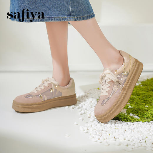预售10天|Safiya/索菲娅2025千金风厚底百搭拼色蕾丝休闲增高德训鞋SFD1112215 商品图3