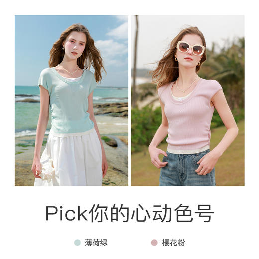 三彩独醒2025春季新款修身短款假两件针织衫蝴蝶结圆领毛衣F 商品图3