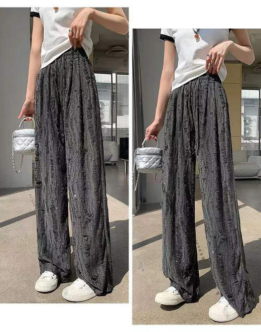 【破洞烫钻设计】夏季爆款 大码粉色薄款 韩版显瘦阔腿休闲拖地长裤  商品图3