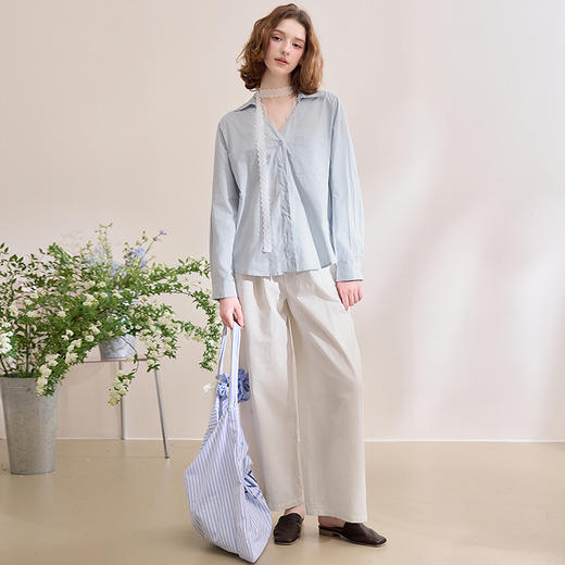 西遇蕾丝拼接衬衫女新款蓝色法式假两件薄款长袖上衣D0050469 商品图1