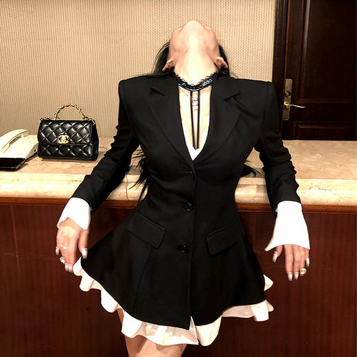西遇黑色西装连衣裙女新款通勤v领拼接收腰长袖裙子SS150082 商品图2