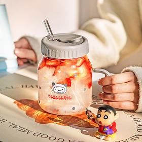 摩登主妇&蜡笔小新 高硼硅玻璃水杯家用吸管杯大容量带盖杯子